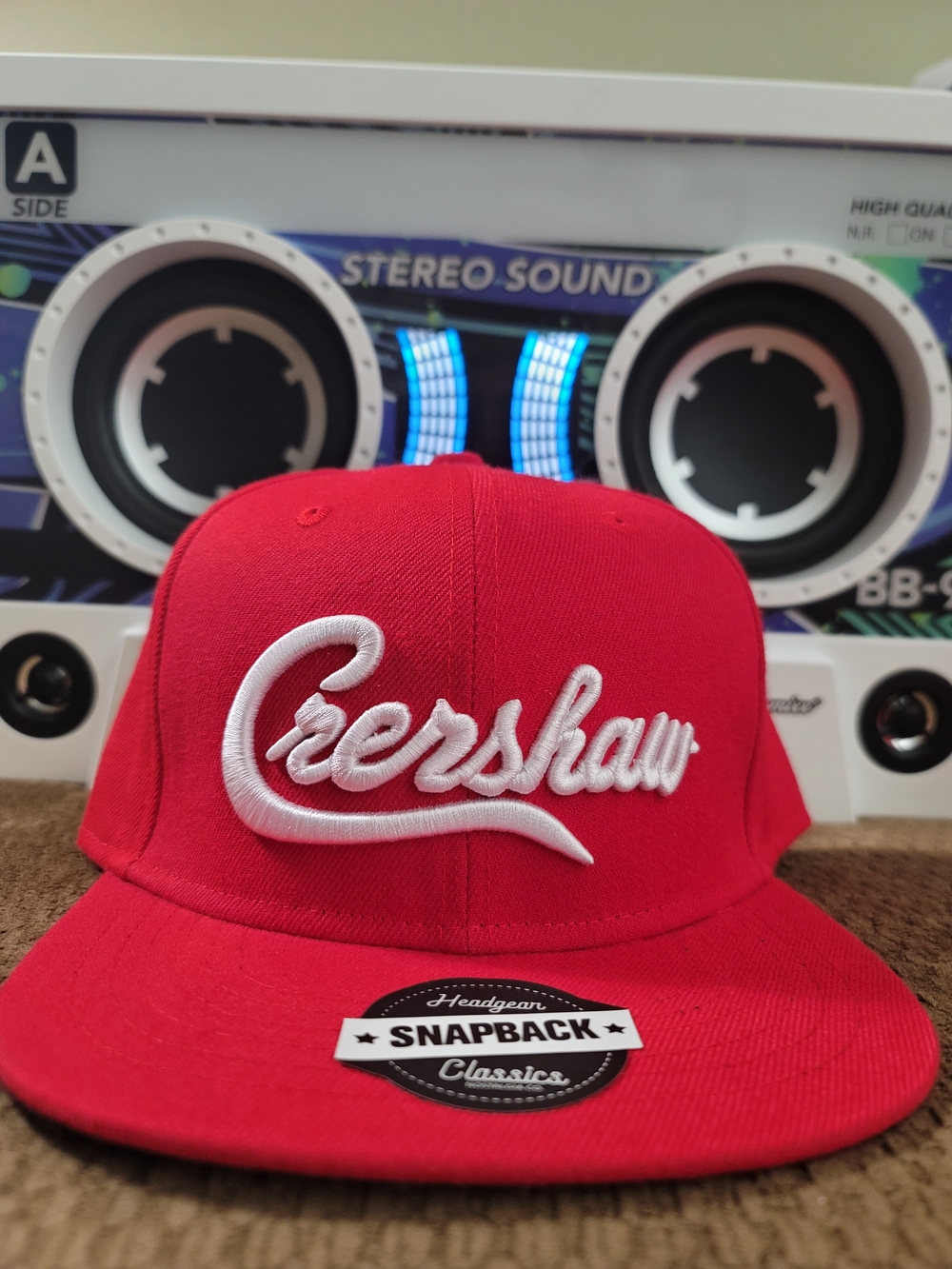 Crenshaw Red Snapback Hat with White Embroidery